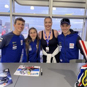 Jonathan Rea, Beatriz Neila and Andrea Locatelli with Tara, the Ampito Marketing Assistant
